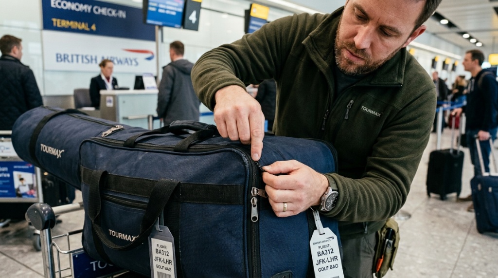 Traveler inspecting reinforced zippers and heavy-duty stitching on a travel bag.
