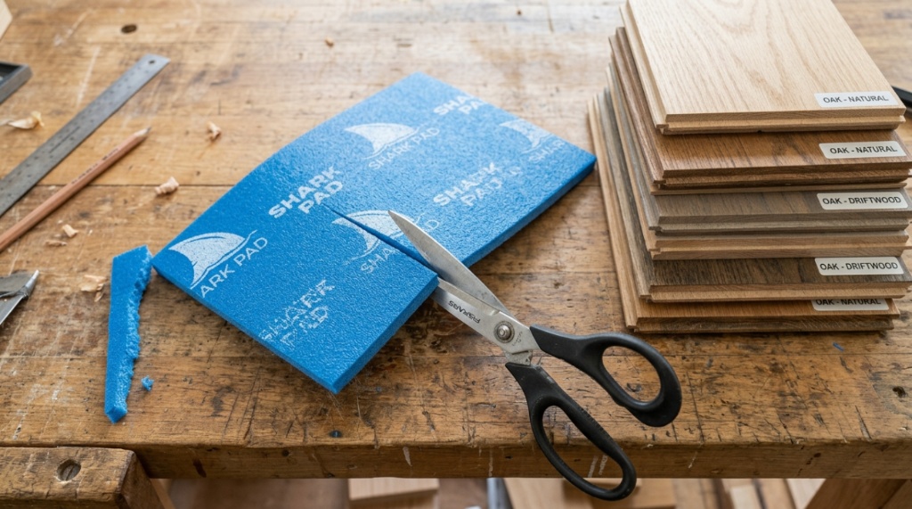 A professional flooring installer applying shark pads to hardwood planks in a North Carolina home.