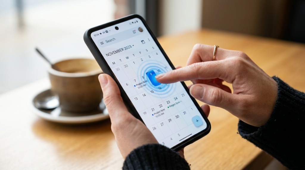 Person tapping interface on a smart touchscreen calendar