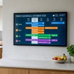 Large touchscreen calendar mounted on a modern kitchen wall displaying schedule