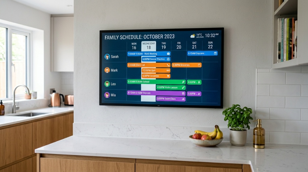 Large touchscreen calendar mounted on a modern kitchen wall displaying schedule