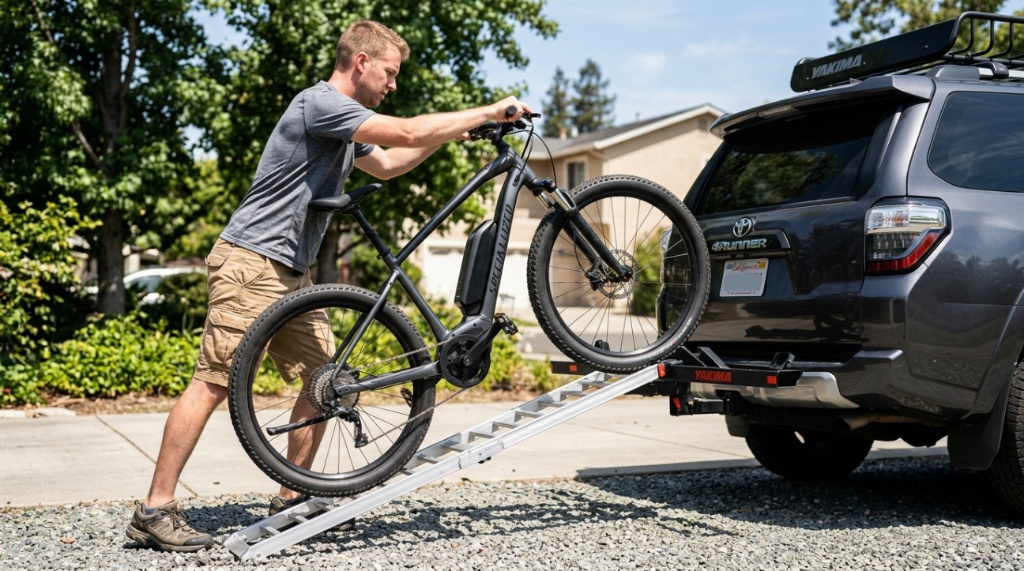 Close-up of hands tightening a heavy e-bike frame clamp on a hitch rack.