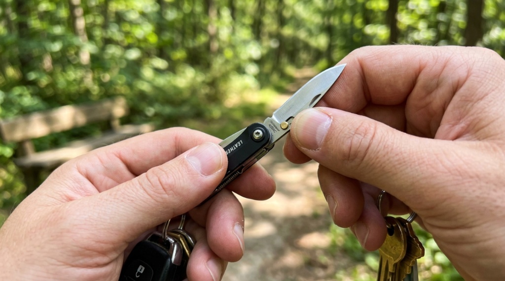 Person opening the small blade of a keychain pocket knife.