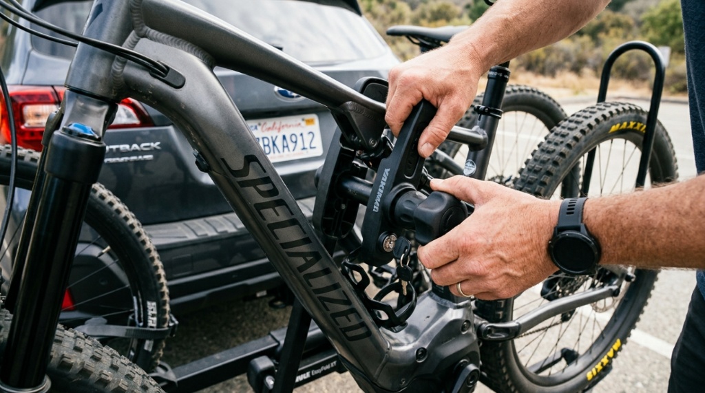Person wheeling a heavy electric bike up a loading ramp onto a car hitch rack.