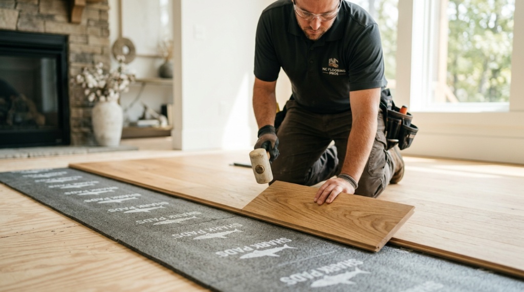 Close-up of hands cutting shark pads to size for hardwood floor installation.