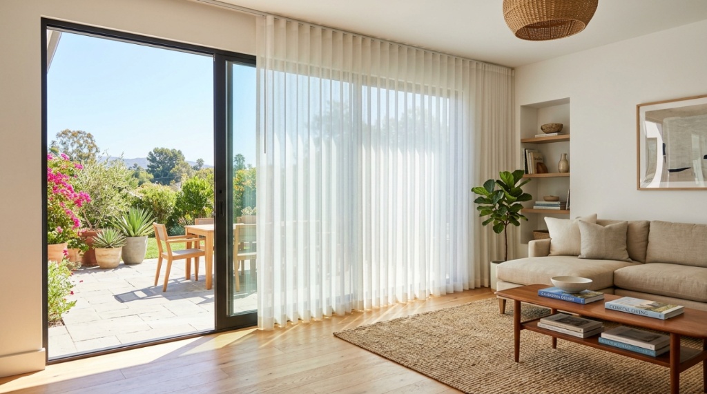 Hands adjusting modern blackout drapes on a curtain rod.
